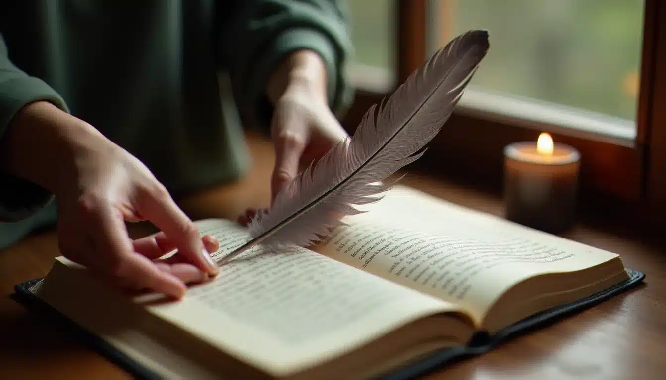 Des mains féminines tenant une plume grise au-dessus d'un journal ouvert, avec une bougie allumée, illustrant l'intégration de la symbolique de la plume dans une pratique spirituelle quotidienne