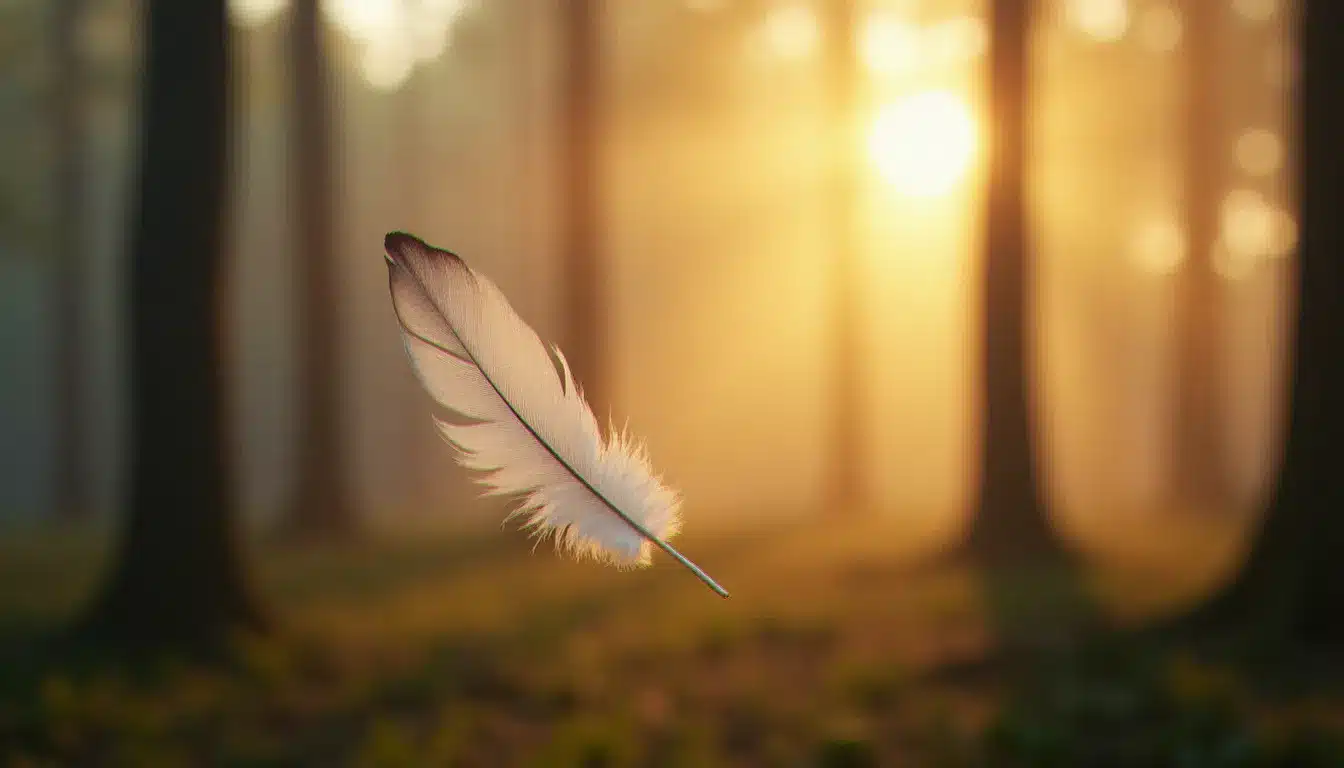 Une plume blanche flottant dans la lumière dorée d'une forêt brumeuse, illustration de la symbolique de la plume comme message entre ciel et terre