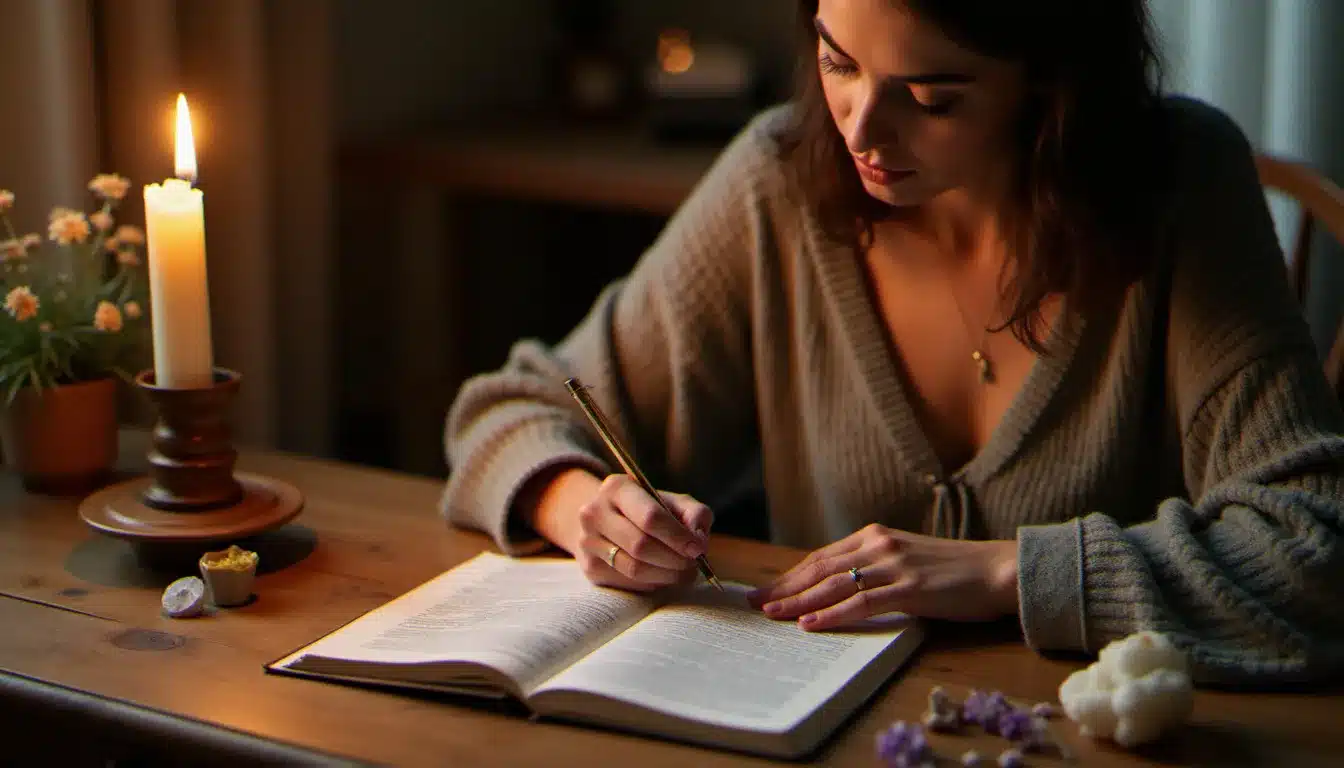 Femme écrivant dans un journal à la lueur d'une bougie, entourée de cristaux, dans une démarche d'introspection sur sa connexion flamme jumelle