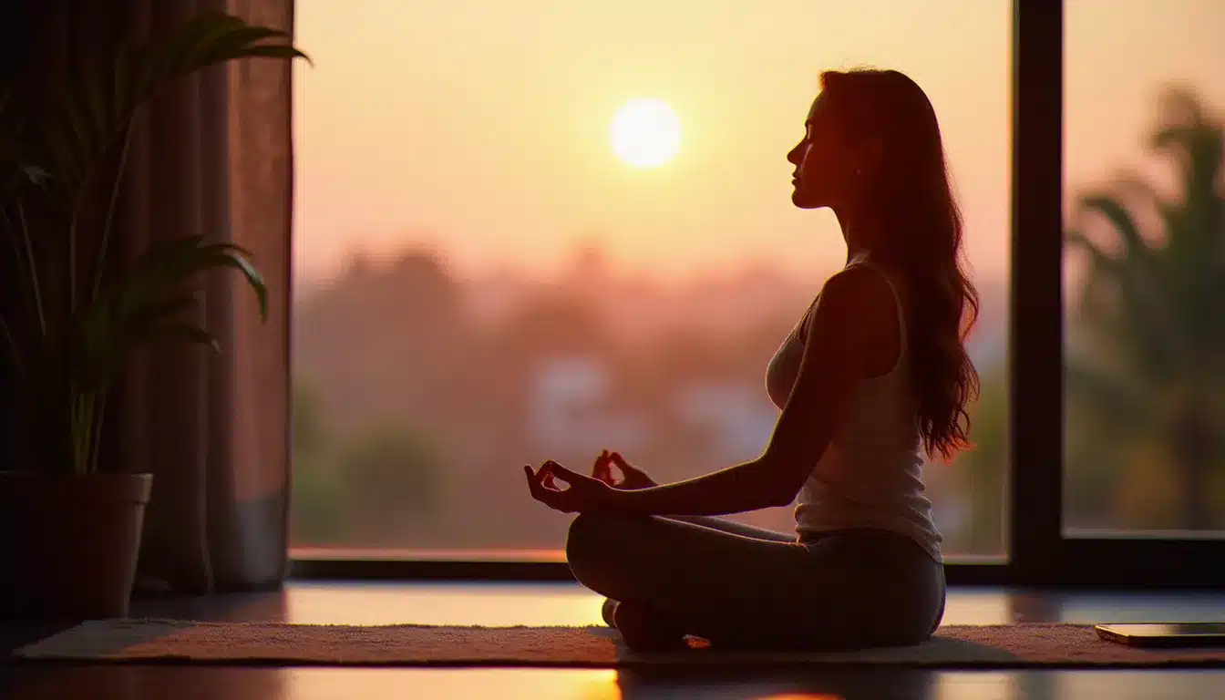 Femme en méditation face à une fenêtre à l'aube, lumière dorée du matin, dans un processus d'intégration spirituelle après un test flamme jumelle