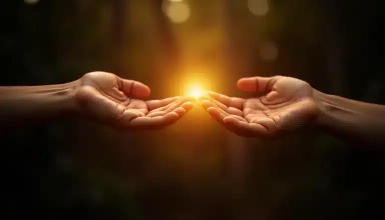 Deux mains qui se frôlent avec une lumière dorée entre elles, symbolisant la connexion spirituelle du test flamme jumelle