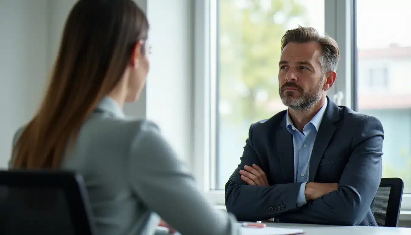 Deux personnes en interaction tendue dans un bureau moderne, illustrant les comportements asymétriques évalués dans un test personne toxique