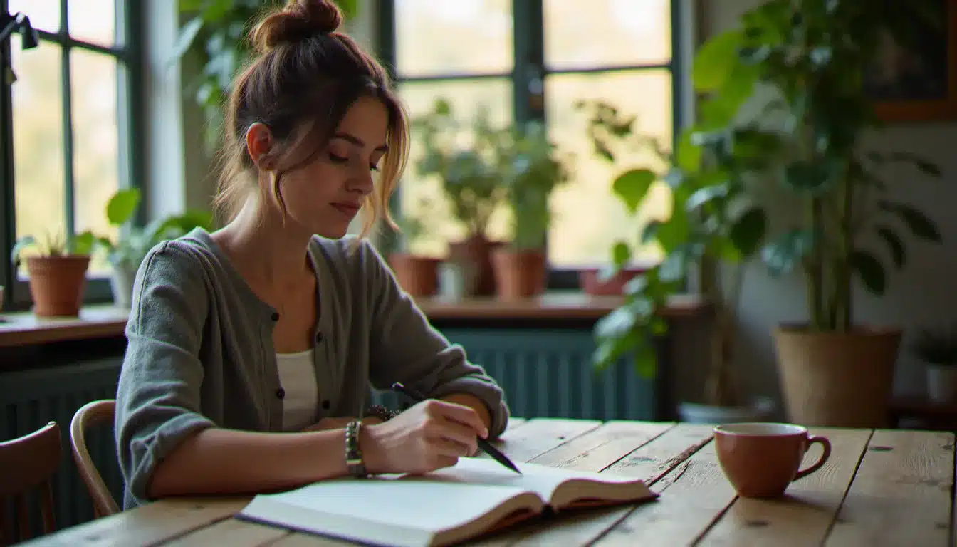 Femme pensive écrivant dans un journal d'introspection près d'une fenêtre lumineuse, illustrant la démarche du test personne toxique pour identifier des comportements épuisants