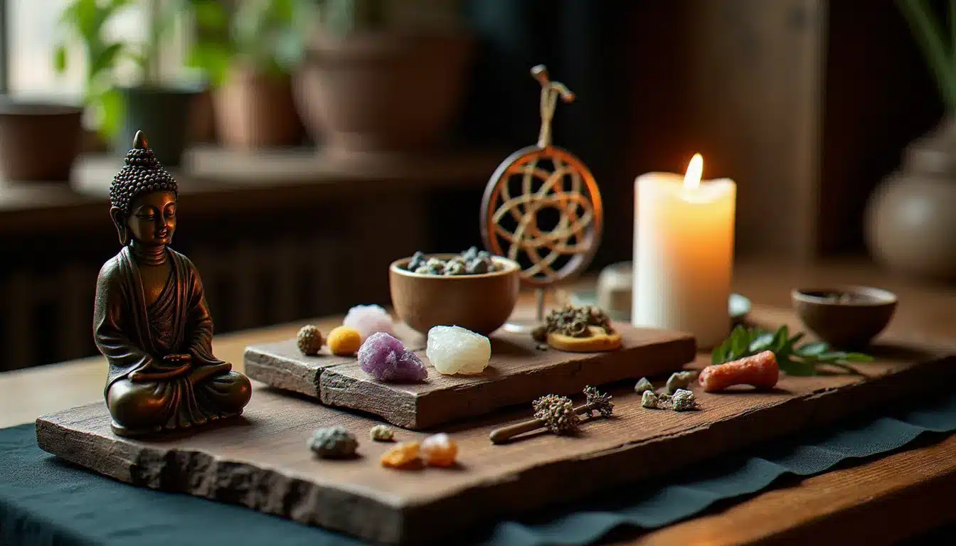 Autel rituel avec des objets spirituels de différentes traditions du monde illustrant la diversité des croyances sur les entités