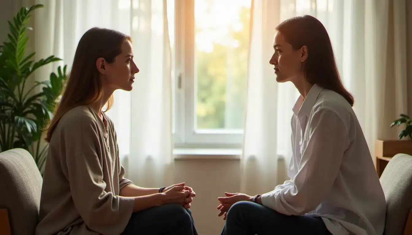 Séance d'accompagnement thérapeutique entre une coach thérapeute et sa cliente dans un espace lumineux et bienveillant