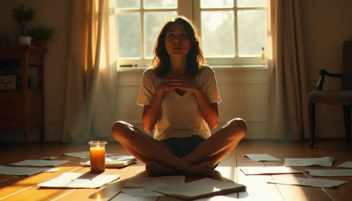 Femme en méditation introspective entourée de journaux et d'une bougie, représentant le travail intérieur sur le chemin des flammes jumelles