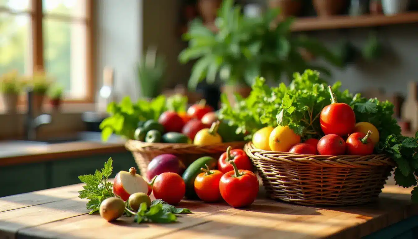 Table en bois avec paniers de fruits et légumes biologiques frais, représentant les aliments à haut taux vibratoire en unités Bovis selon André Simoneton
