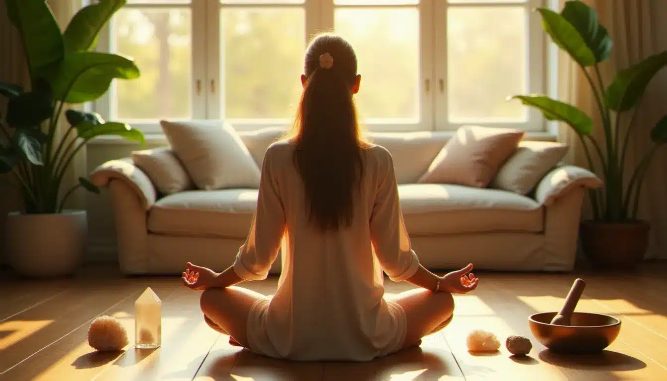 Femme en méditation dans un espace de vie harmonisé avec bols tibétains et cristaux, pratique permettant d'élever son taux en unités Bovis