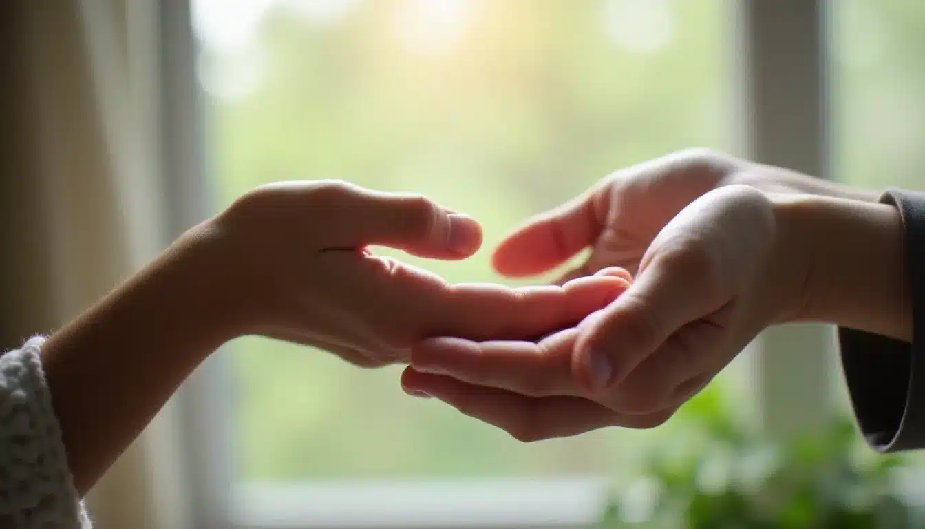 Deux paires de mains se rejoignant dans un geste de transmission et de soin, symbolisant les liens entre les âmes et les traces des vies antérieures