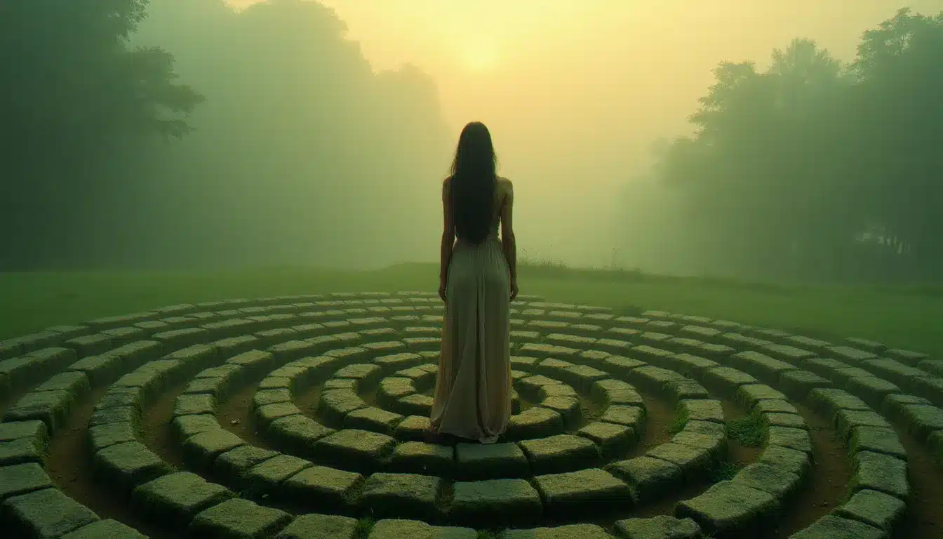 Femme debout au centre d'un labyrinthe de pierres dans la brume du matin, illustrant le chemin intérieur de l'âme à travers les vies antérieures et le karma