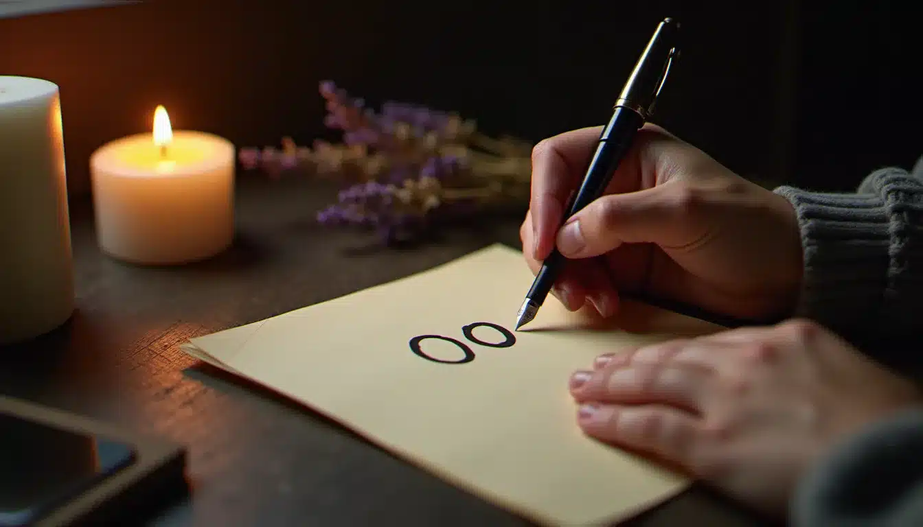 Mains écrivant deux zéros sur papier lors d'un rituel de flamme jumelle à minuit, bougie allumée, ambiance intime.