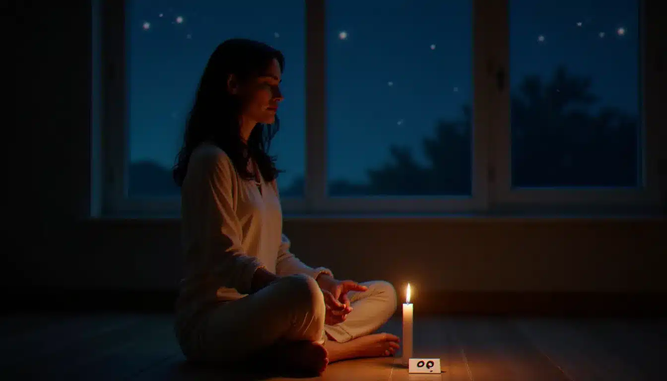Femme assise en tailleur devant une bougie blanche à minuit, pratique de rituel 00h00 flamme jumelle, ciel nocturne visible par la fenêtre.
