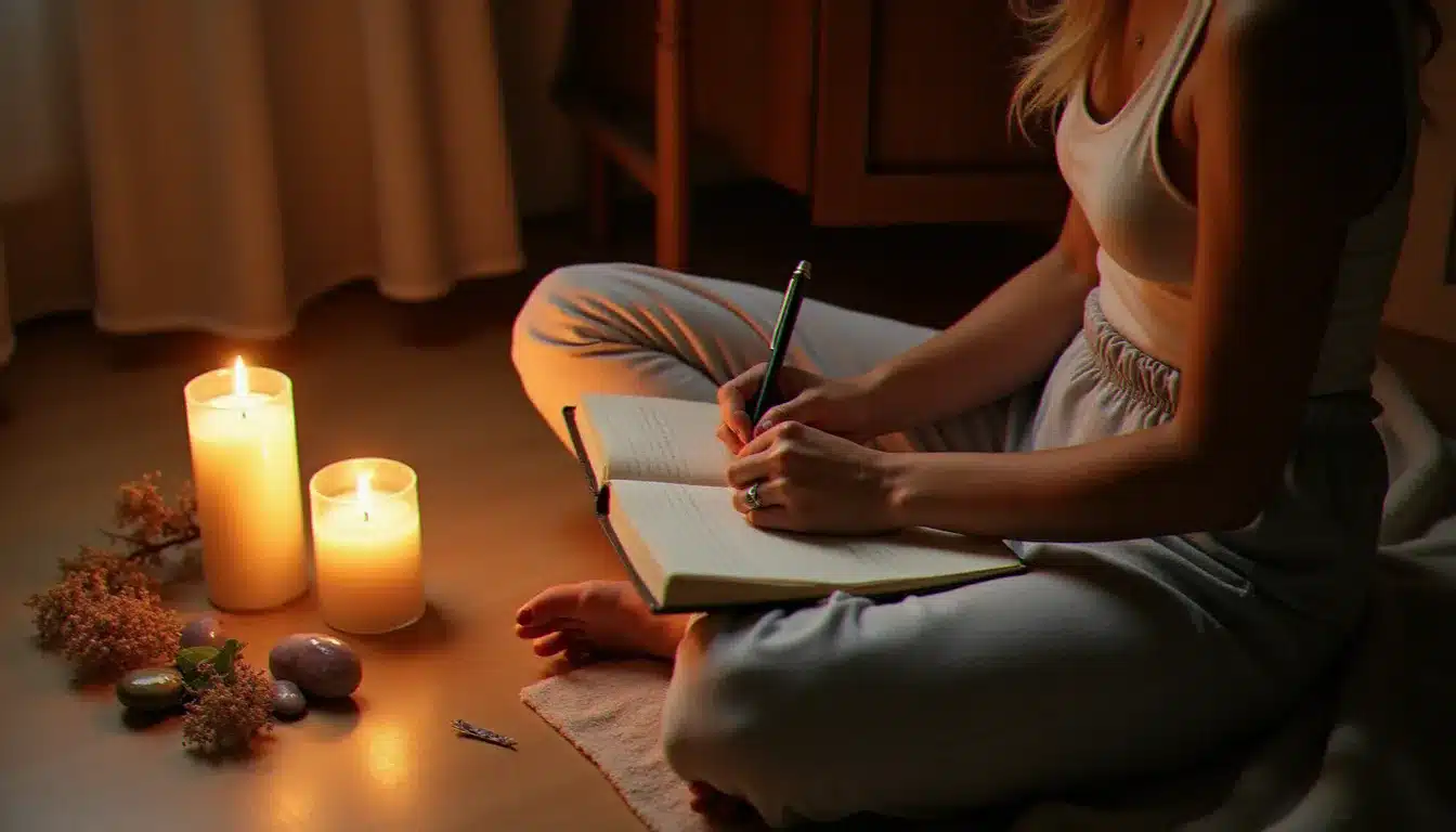 Femme pratiquant l'écriture automatique dans un espace sacré avec trois bougies blanches, illustrant les rituels concrets recommandés après avoir reçu le signe 03h03 en lien avec la flamme jumelle