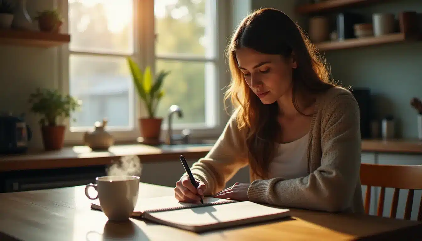 Femme écrivant dans son journal intime le matin lors d'un rituel introspectif lié à la signification de 07h07 en amour