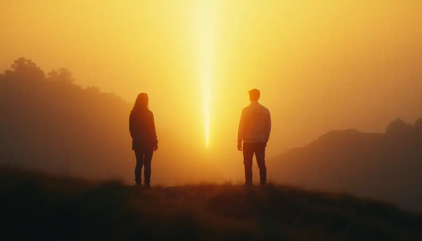 Deux silhouettes séparées reliées par une lumière dorée à l'aube, symbolisant la connexion des flammes jumelles et le message de 07h07 en amour