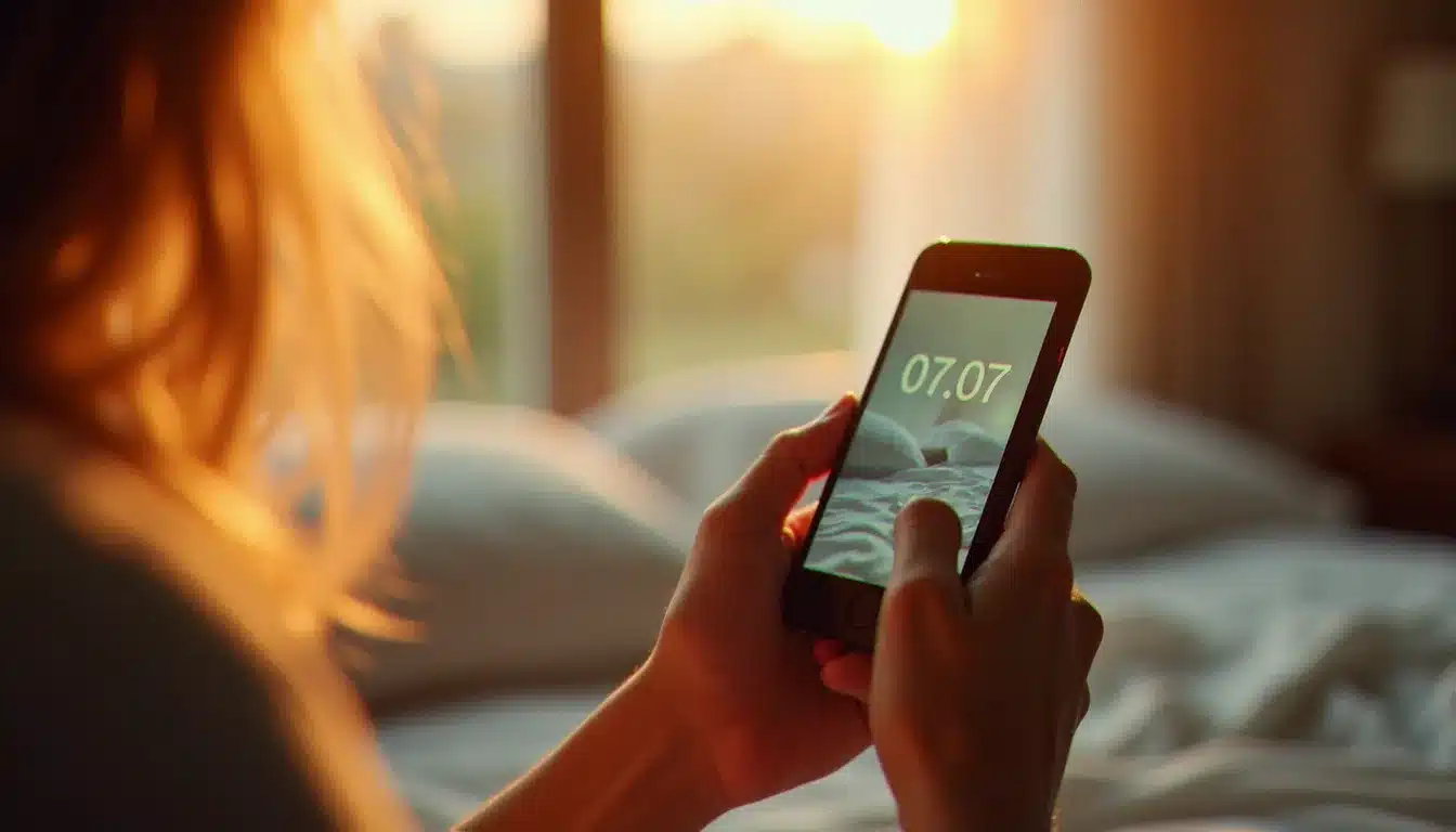 Une femme regardant l'heure 07h07 sur son téléphone à l'aube, lumière matinale dorée, dans le contexte d'une réflexion sur l'amour