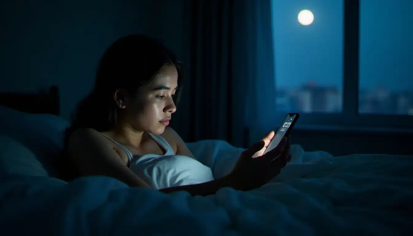 Personne éveillée la nuit regardant un téléphone affichant 2h02, symbolisant le phénomène des heures miroirs répétées