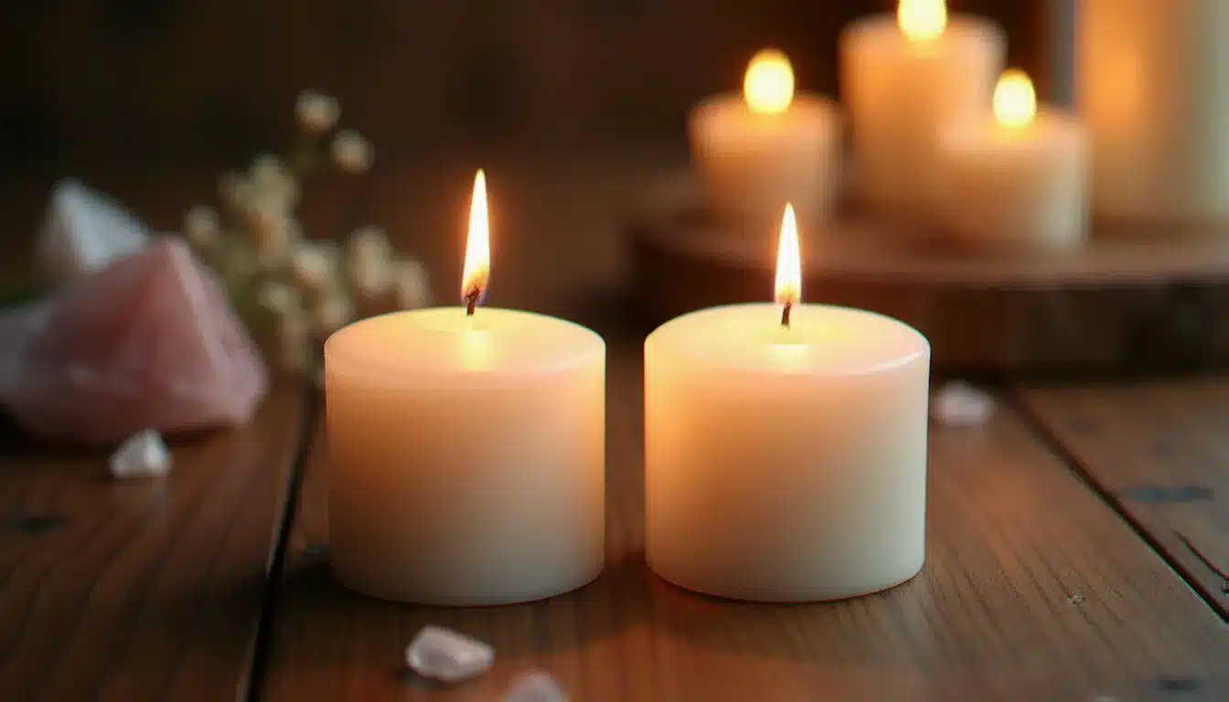 Deux bougies blanches allumées face à face dans un cadre méditatif, rituel spirituel associé à la pratique des heures miroirs et des flammes jumelles