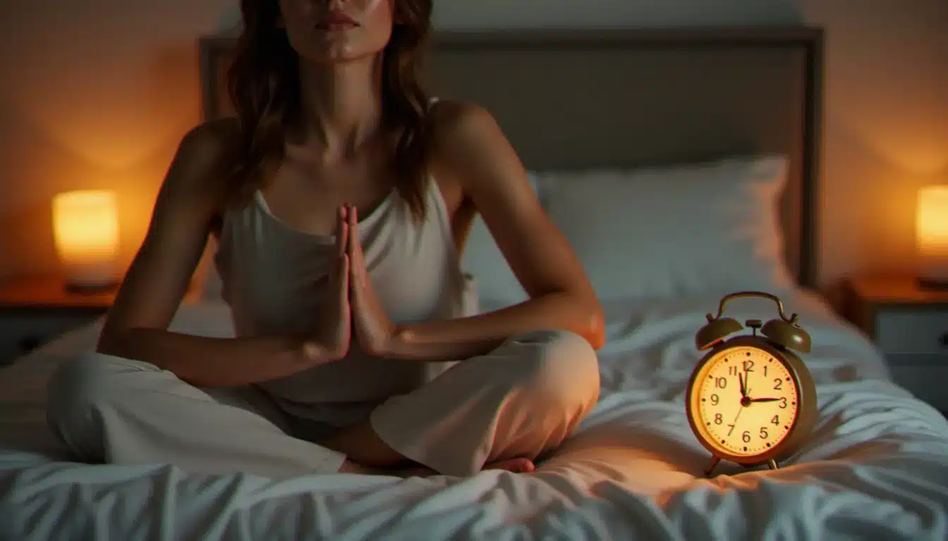 Femme méditant devant une horloge affichant 2h02, illustration de la signification spirituelle de cette heure miroir