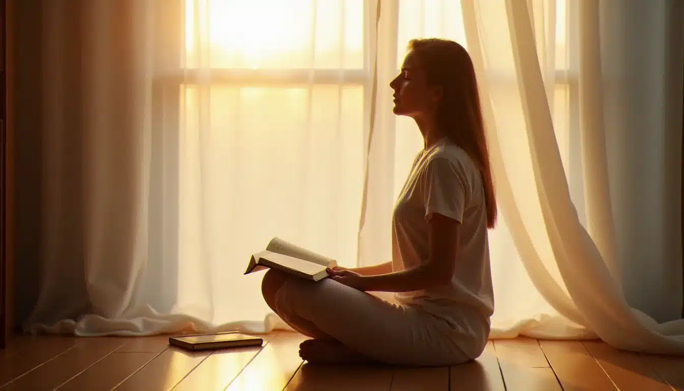 Femme en méditation au lever du soleil avec un journal ouvert, pratiquant l'introspection spirituelle dans une pièce baignée de lumière dorée