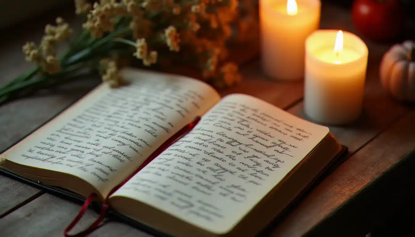 Journal ouvert avec des notes manuscrites incluant le nombre 333 entouré d'écriture intuitive, à la lumière d'une bougie, symbolisant le rituel d'interprétation des synchronicités de la flamme jumelle