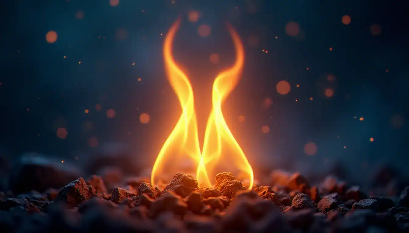 Deux flammes dorées translucides se rejoignant en un point lumineux central, symbolisant la connexion 333 et la flamme jumelle dans un ciel nocturne étoilé