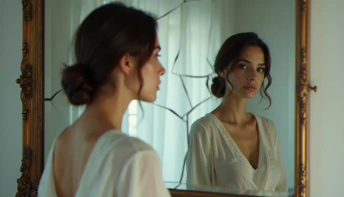Femme debout face à un miroir ancien fissuré dans une pièce lumineuse, son reflet fragmenté symbolisant la reconstruction de l'identité après une blessure narcissique