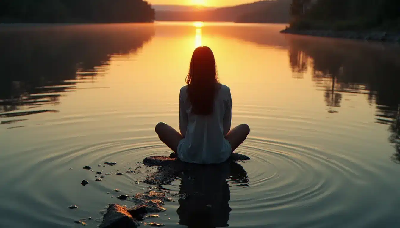 Femme seule au bord d'un lac au crépuscule, dont le reflet brisé sur l'eau illustre la faille narcissique et la fragilité de l'image de soi