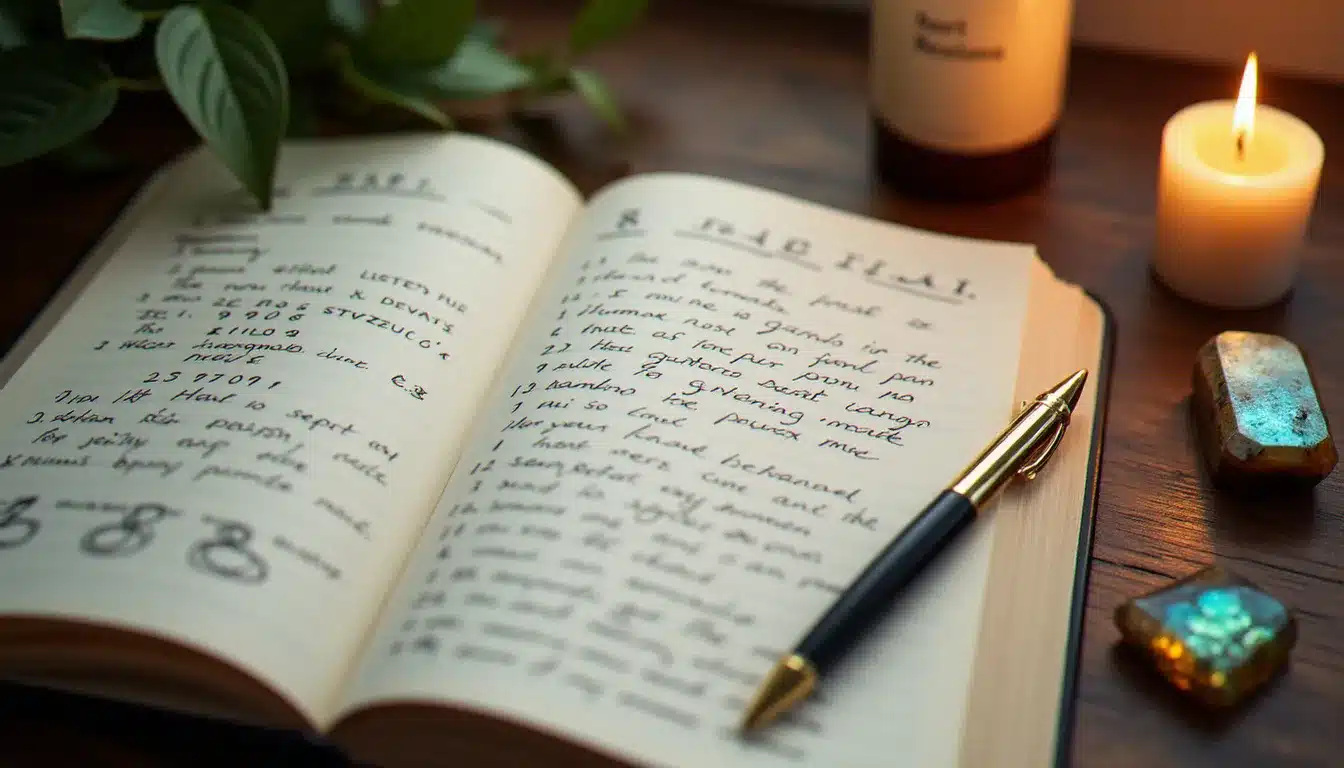 Journal de numérologie ouvert sur une table en bois avec des notes manuscrites sur la signification du chiffre 8, une bougie allumée et un cristal de labradorite