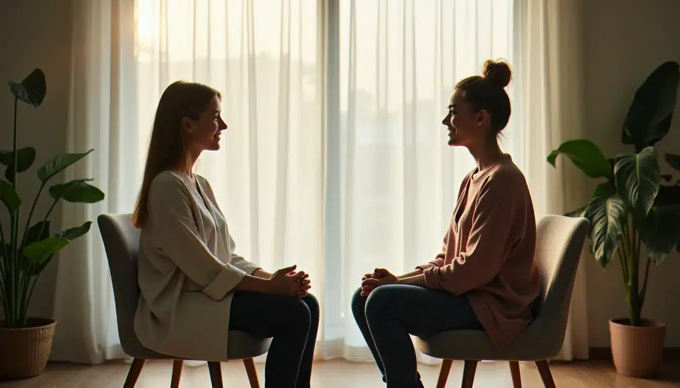 Séance de coaching entre deux femmes dans un espace serein et lumineux, illustrant l'accompagnement spirituel en lien avec les heures miroir et le chemin des flammes jumelles