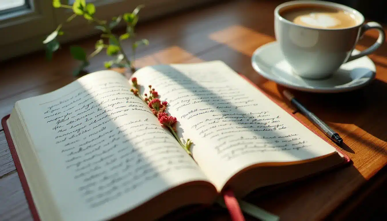 Journal ouvert avec des notes sur les synchronicités numériques et les heures miroirs, lumière naturelle douce sur un bureau en bois