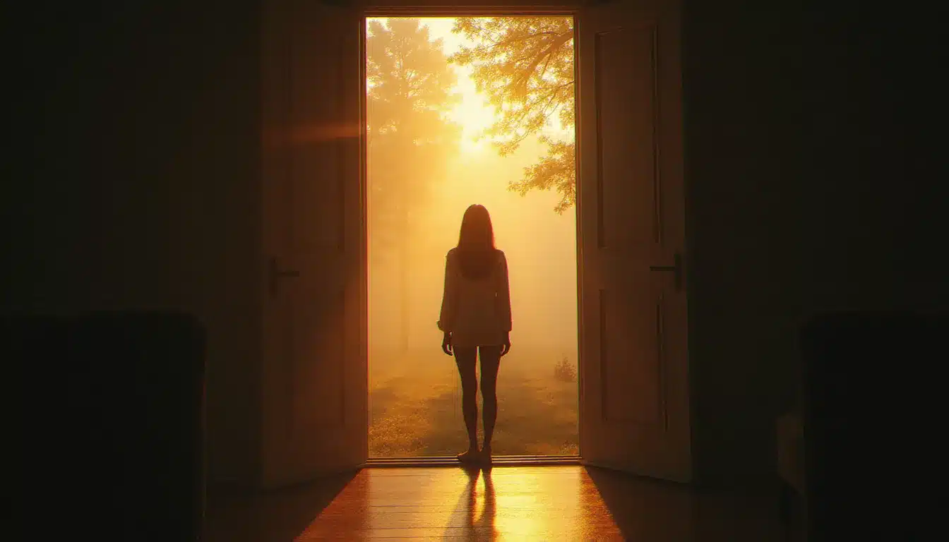Femme debout sur un seuil de porte à l'aube, symbolisant la transformation et le passage vers un nouveau cycle de vie évoqué par les heures miroirs