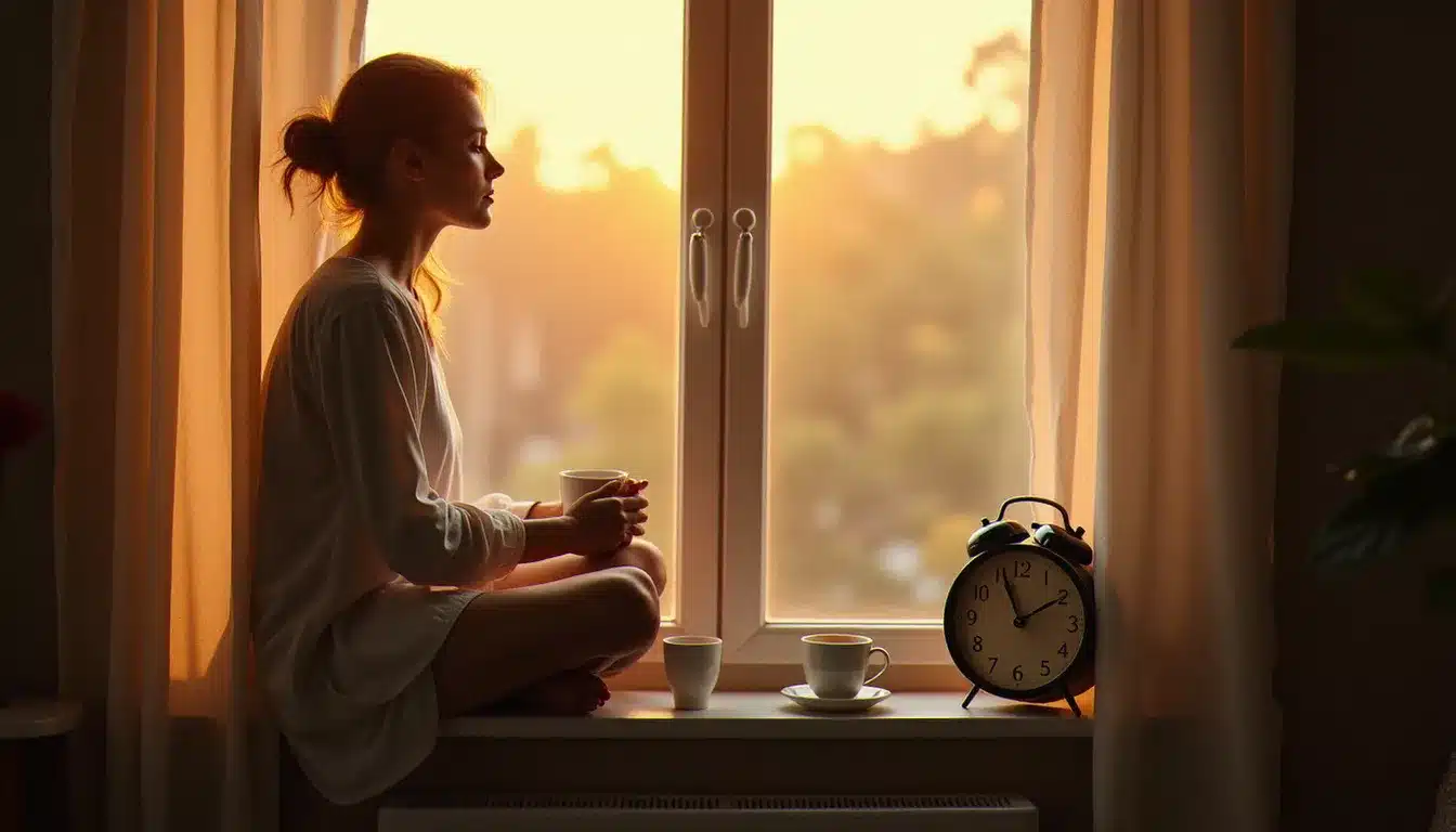 Femme en contemplation au lever du soleil avec une horloge affichant les heures miroirs 5h55 visible en arrière-plan, lumière dorée du matin