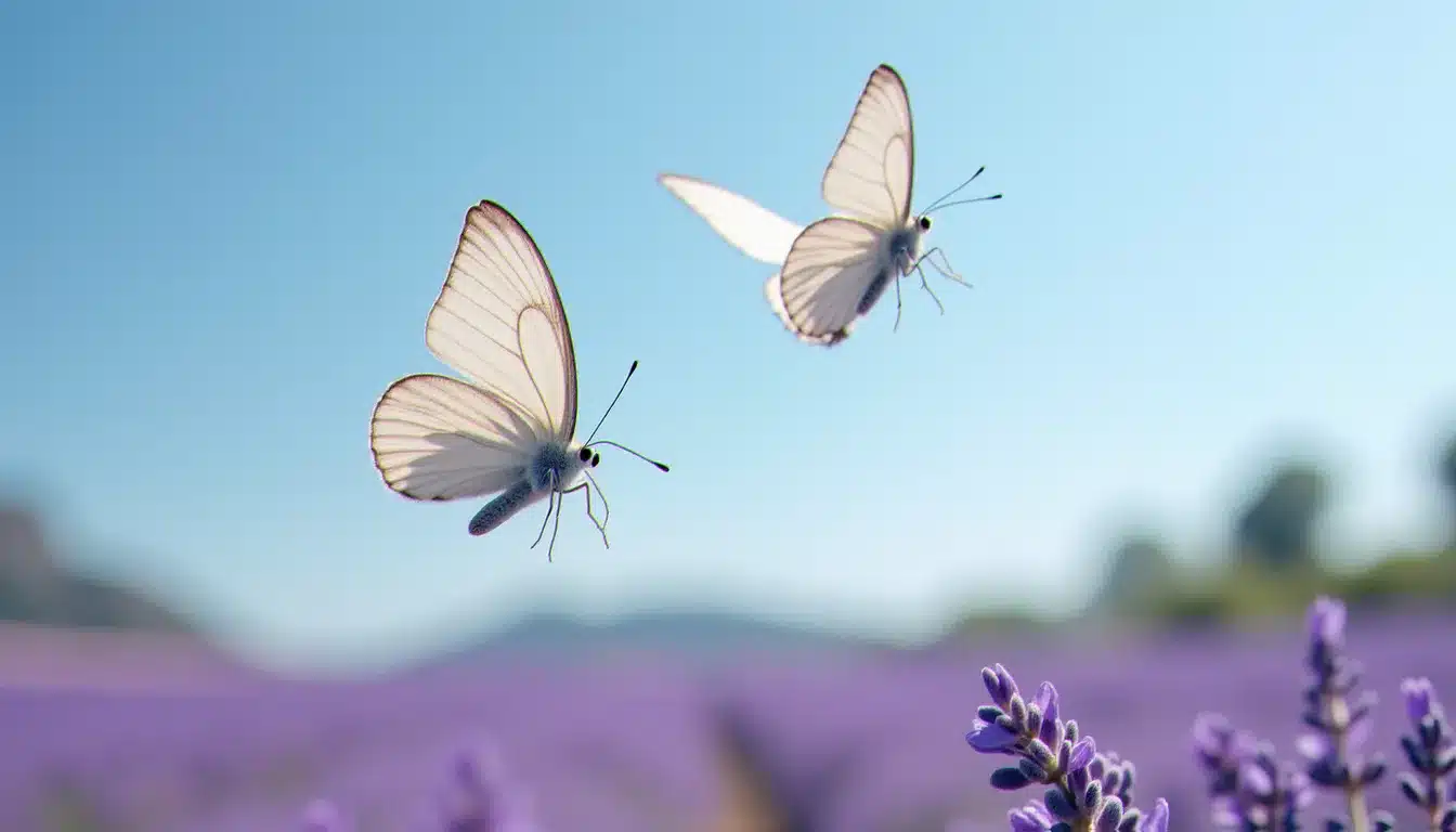 Deux papillons blancs voletant ensemble au-dessus d'un champ de lavande en Provence, symbole d'amour durable et de bonheur partagé