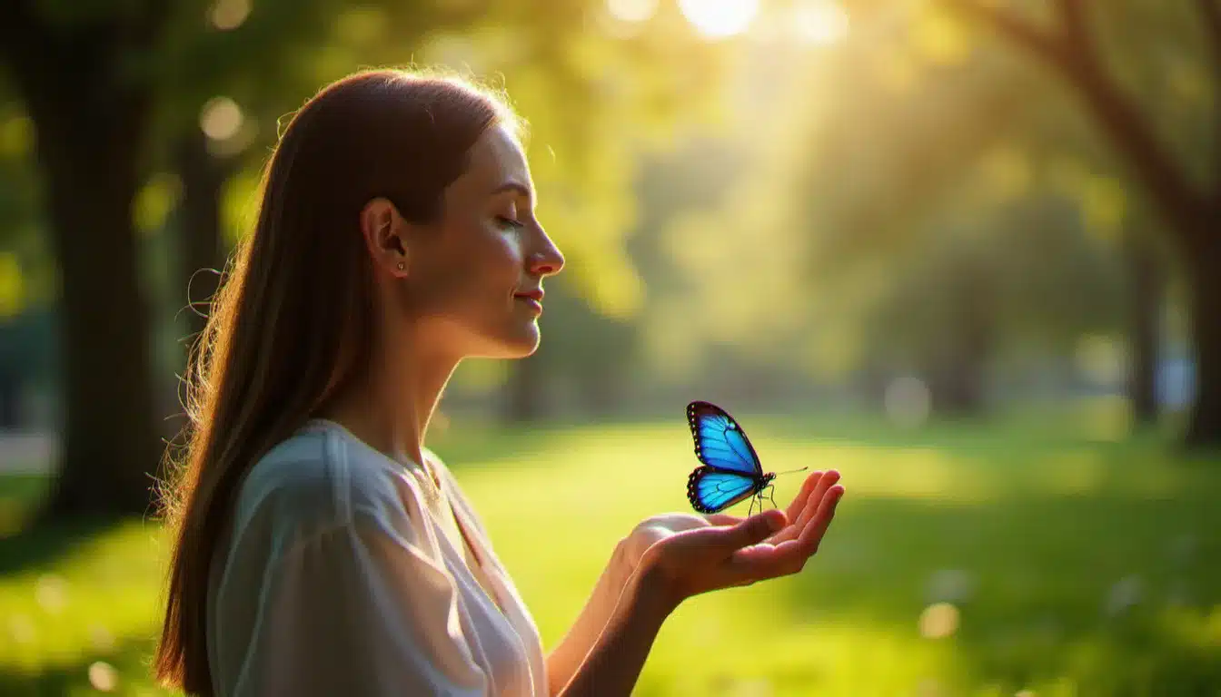 Femme en méditation dans un jardin ensoleillé avec un papillon bleu posé sur sa main, illustrant la transformation intérieure et le chemin amoureux