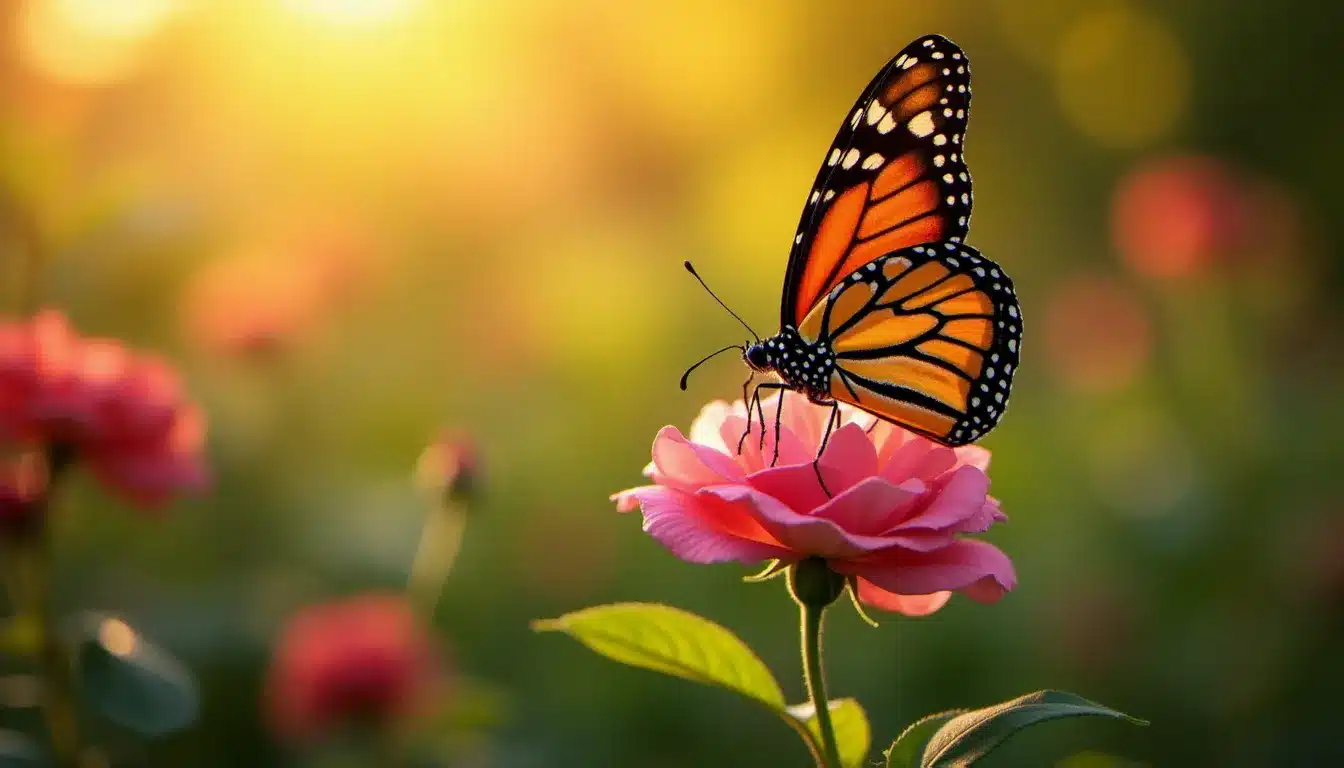 Papillon monarque aux ailes orangées posé sur une rose sauvage en fleur, symbolisant la signification du papillon en amour