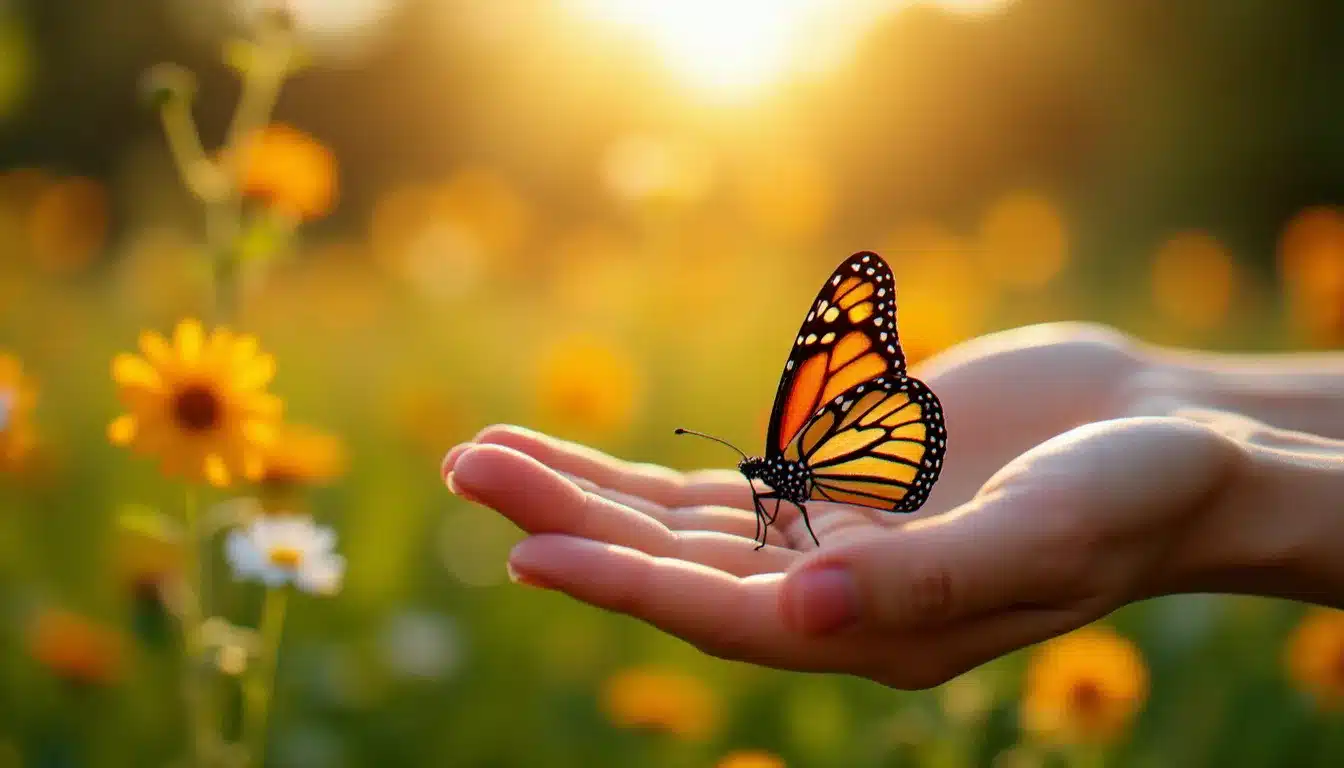 Papillon monarque aux ailes orangées posé sur la paume ouverte d'une femme dans un jardin ensoleillé, illustrant la signification spirituelle des papillons