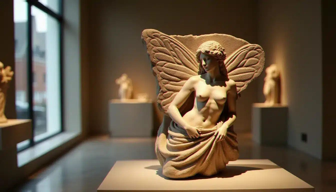 Sculpture grecque antique représentant Psyché avec des ailes de papillon, symbole de l'âme immortelle dans la mythologie grecque