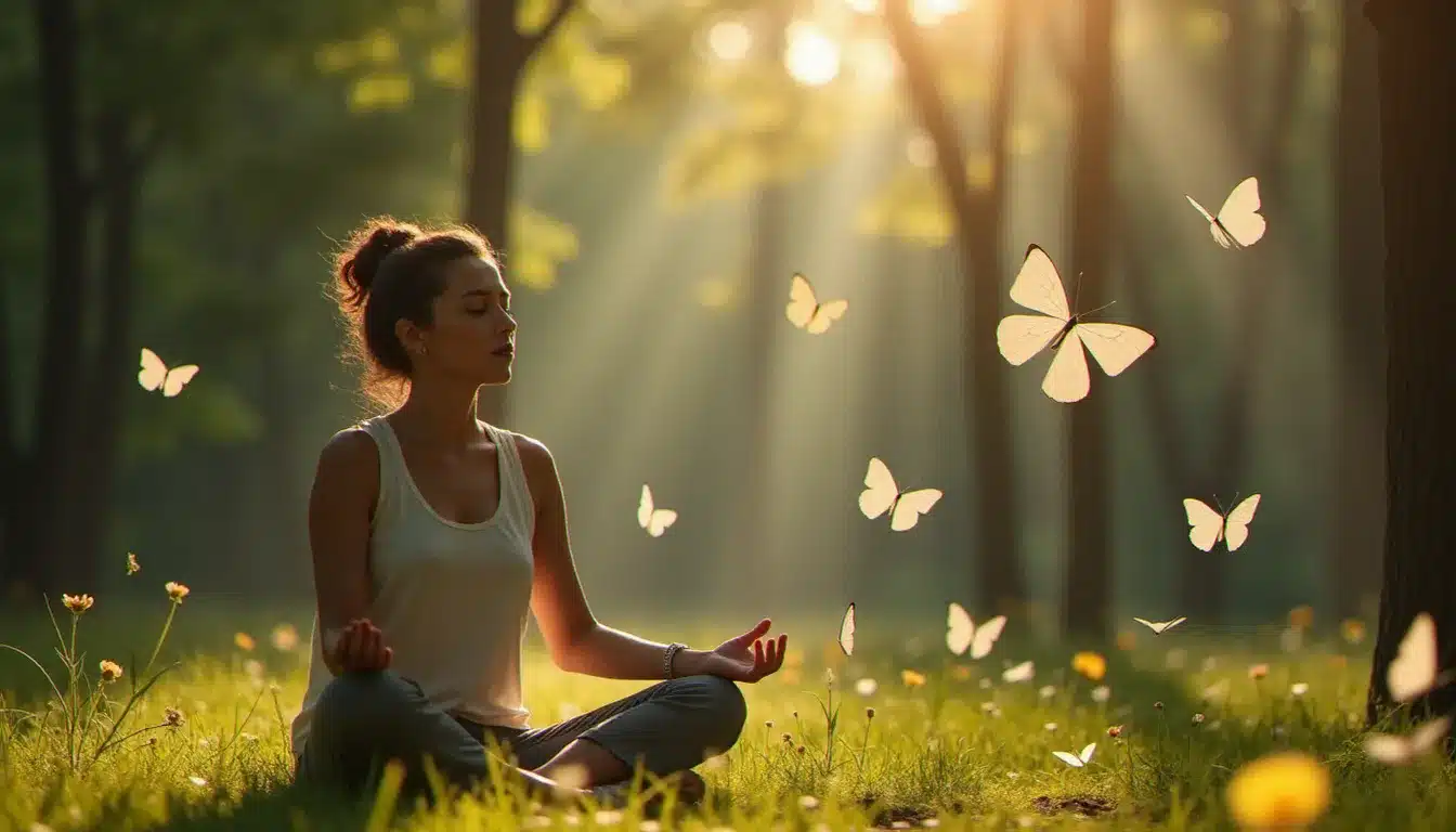 Femme méditant en forêt entourée de papillons blancs et jaunes dans la lumière du matin, pratique spirituelle avec le symbole du papillon
