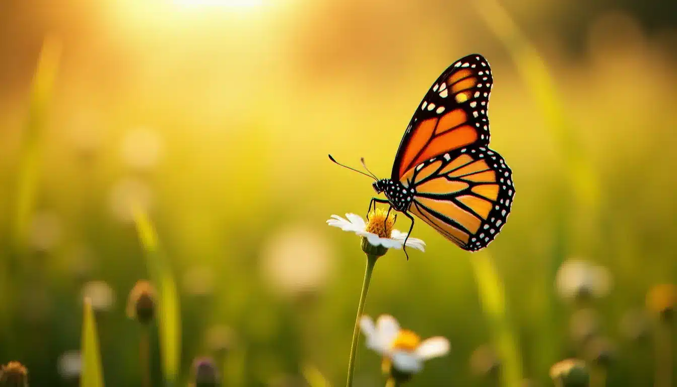 Papillon monarque aux ailes orangées posé sur une fleur sauvage blanche dans une prairie ensoleillée, symbole de transformation spirituelle