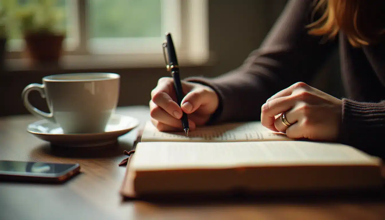 Mains d'une femme écrivant dans un journal intime à la plume, exercice de gratitude pour comprendre les signes spirituels
