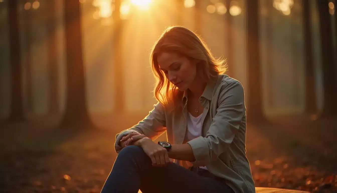 Femme méditant au lever du soleil en regardant sa montre indiquant 08h08, signification flamme jumelle