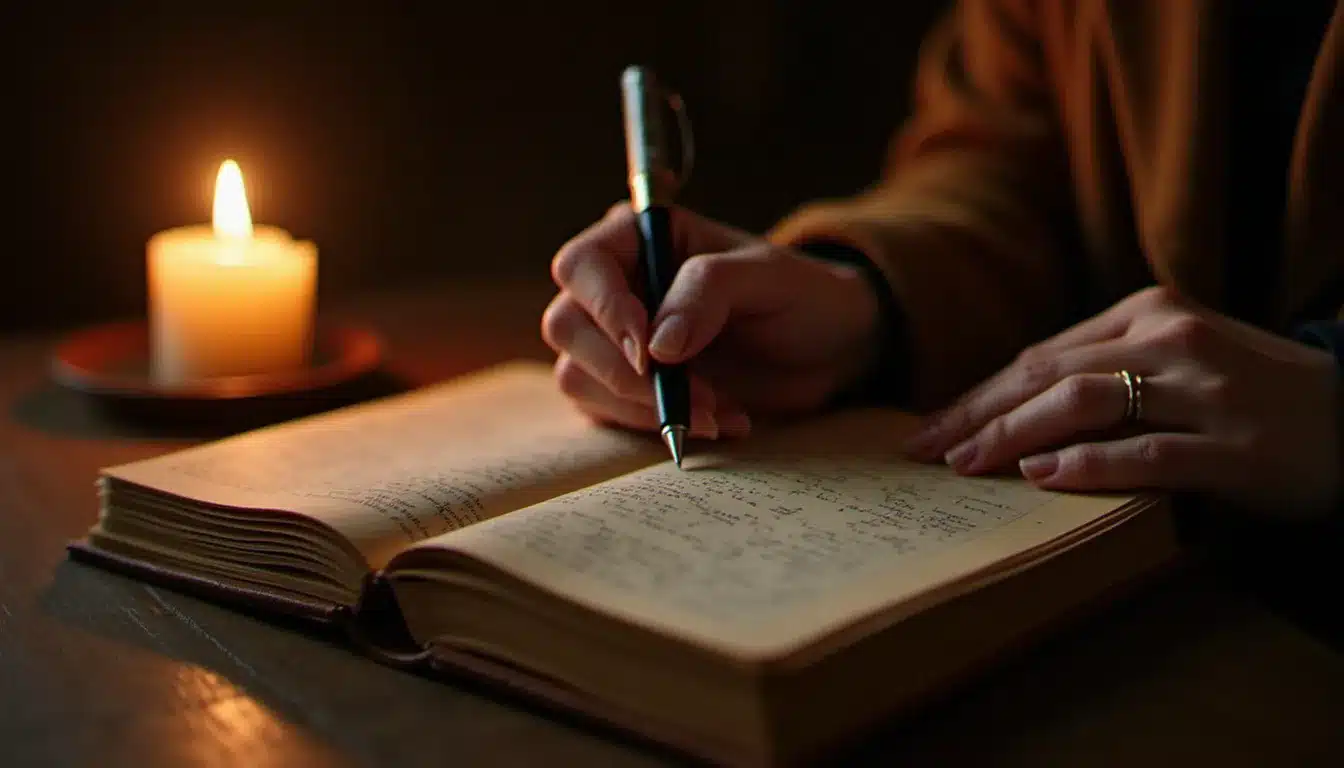 Mains écrivant dans un journal intime à la lumière d'une bougie, exercice de réflexion spirituelle