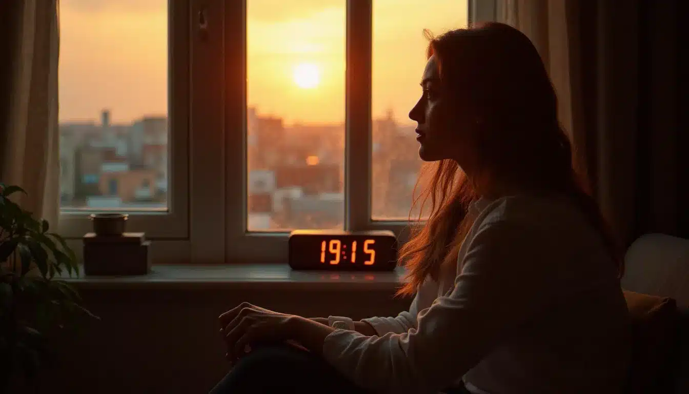 Femme méditant devant une horloge affichant 19:19 au crépuscule, symbolisant la signification spirituelle de ce nombre ange