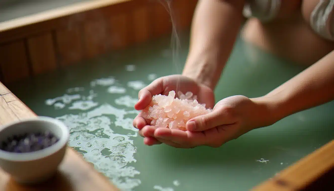 Mains immergées dans un bain d'argile verte et de sel rose, vapeur légère, bol de lavande sur le bord de la baignoire en bois