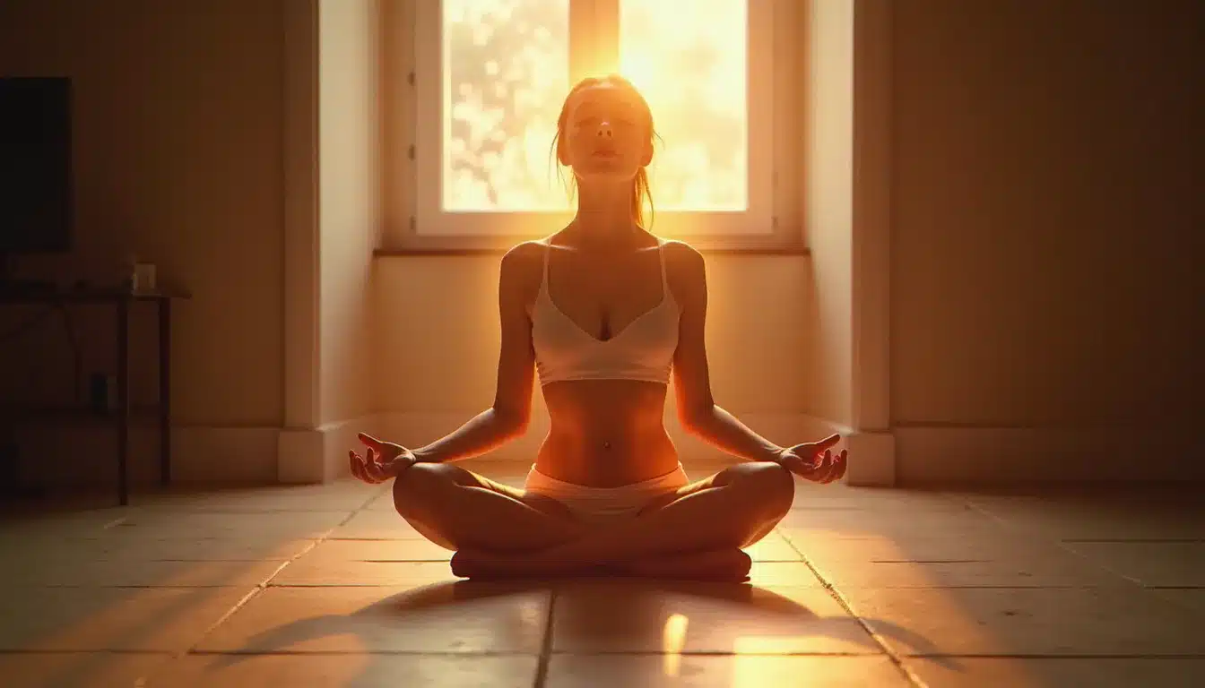 Femme méditante entourée d'une aura couleur multicolore diffuse dans un intérieur lyonnais baigné de lumière naturelle