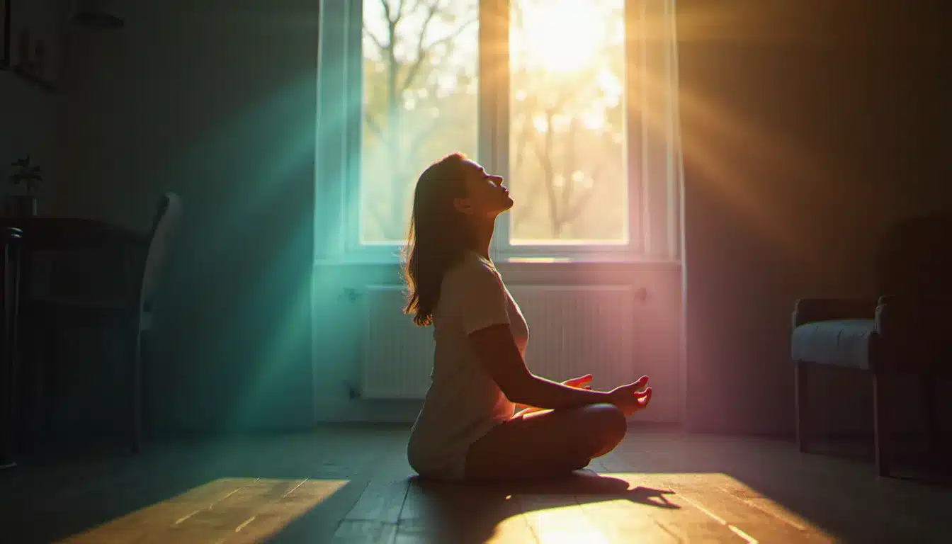 Femme en méditation dans un appartement lumineux de Lyon, entourée d'un halo d'aura couleurs visibles en teintes bleues, vertes et violettes