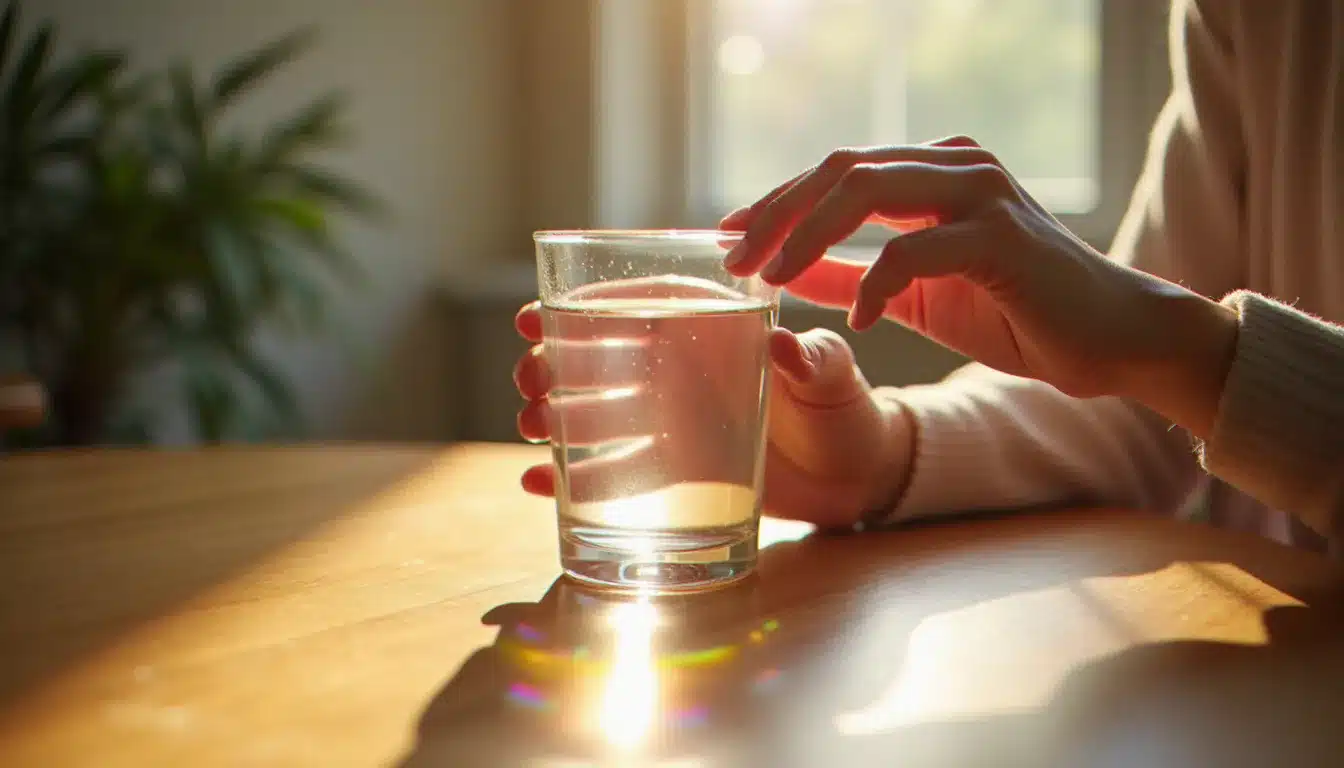 Mains tenant un verre d'eau avec des reflets colorés de lumière, symbolisant l'observation de la couleur aura