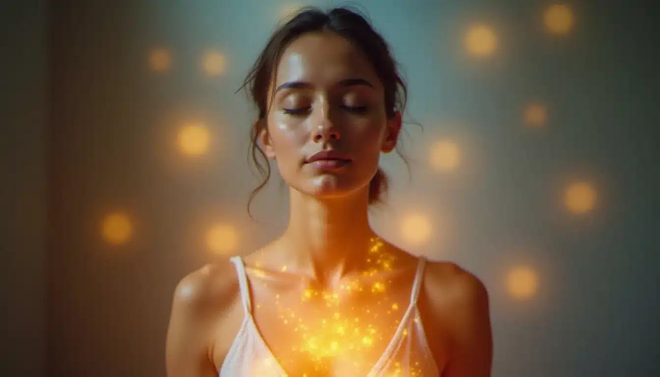Femme méditant avec un halo de lumière dorée et bleue autour d'elle, illustrant la couleur aura spirituelle