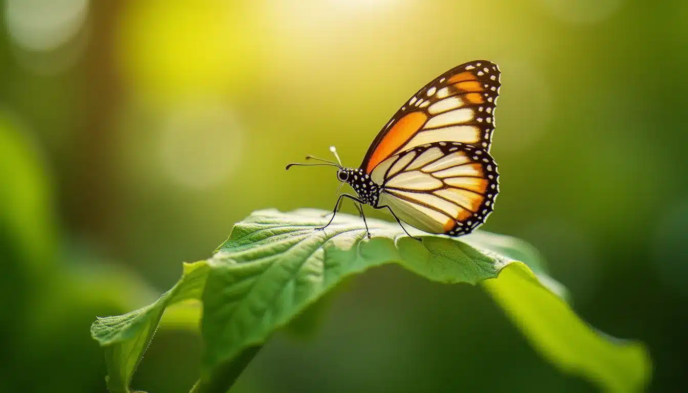 Papillon monarque orange et blanc sur une feuille verte, illustration de la couleur papillon signification